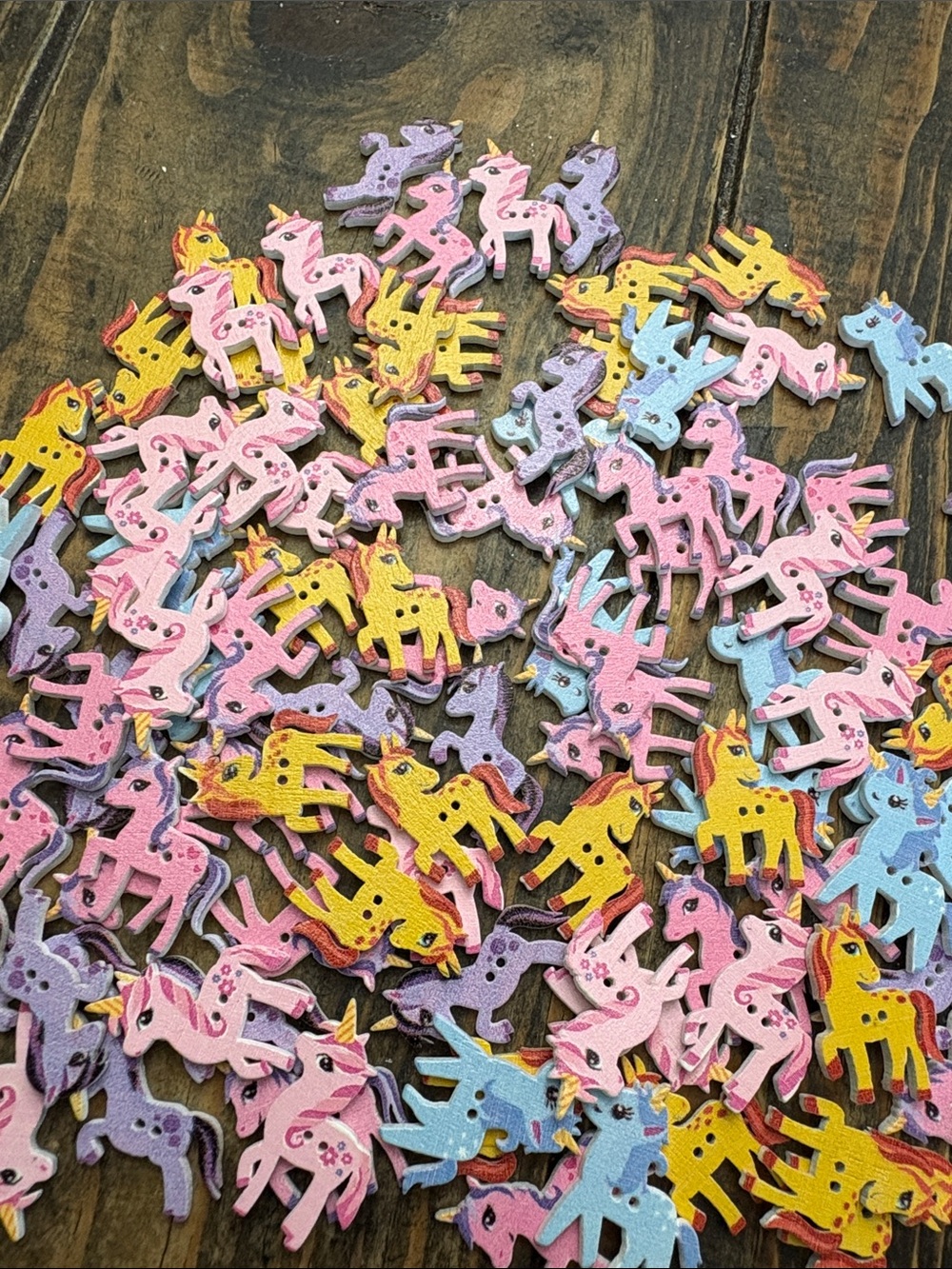 Assorted Wooden Unicorn Buttons - Pink, Yellow, Blue, Purple